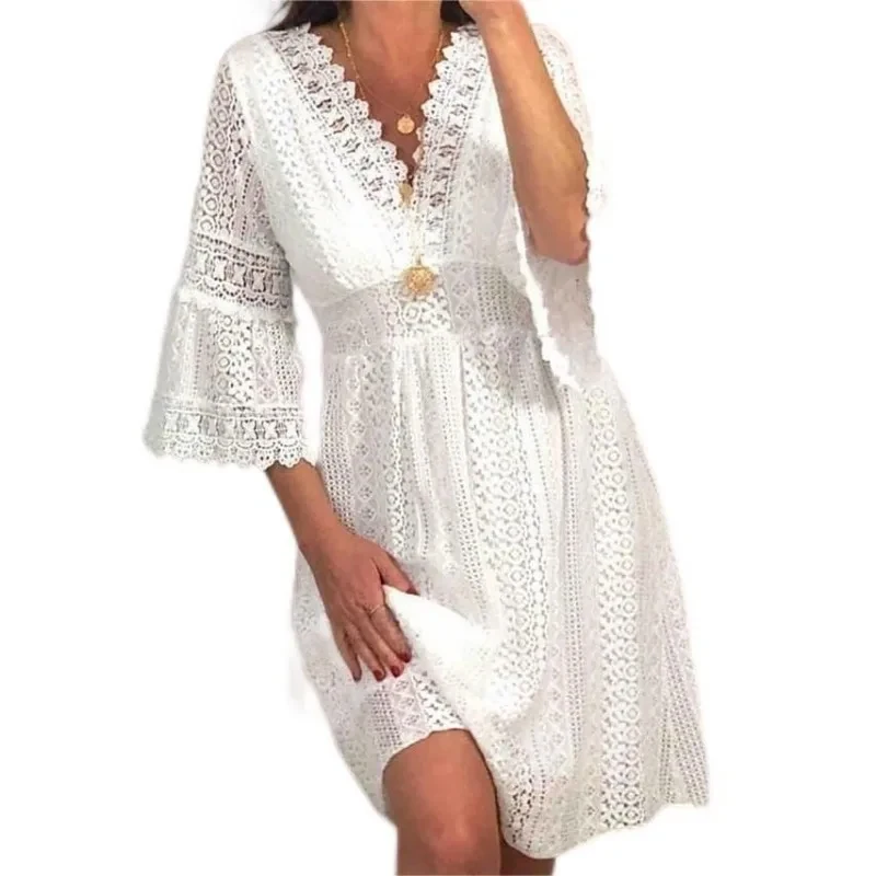 Spring Summer High Waist White Dresses Women Vestidos Elegant Flare Sleeve Dress New Casual V-neck Hollow Out Lace Dress 28307