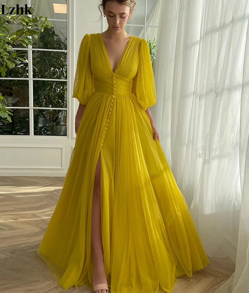 Customized Temperament Tulle A-Line Buttons Evening Dress High Quality V-Neck 3/4 Sleeves Floor Length Party Gowns Custom Made