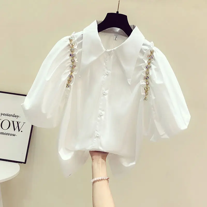 Vintage Rhinestone Blouse Fungus Lantern Short Sleeve Cotton Crop Tops Camisa Feminina Blusas Spring Women Shirts Casual Retro