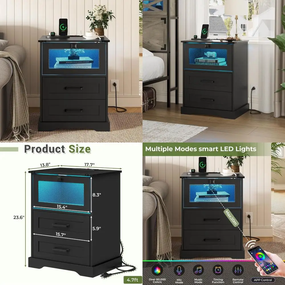 

Прикроватная тумбочка для зарядной станции со светодиодной подсветкой, прикроватная тумбочка для фермерского дома с 2 ящиками, черная тумбочка для спальни для современных интерьера