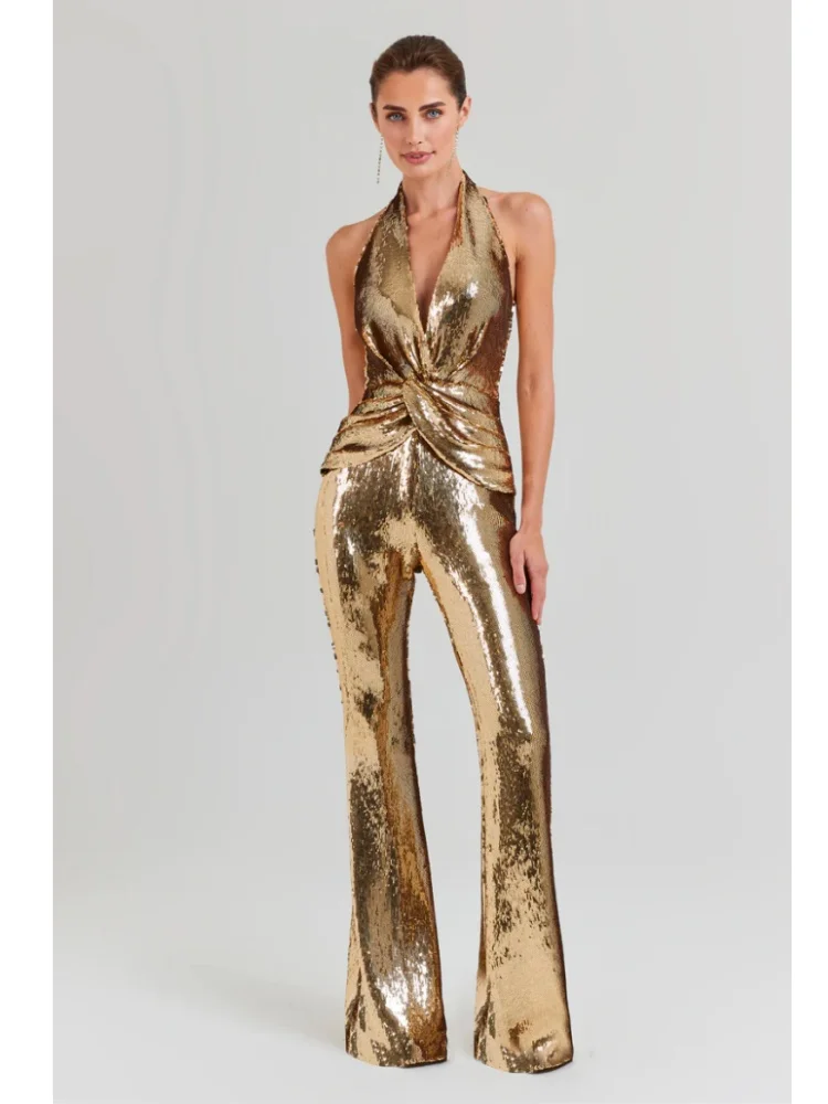 Summer New 2024 INS Women Sexy Glitter Sequins Gold Bodycon Jumpsuit Celebrity Designer High Street Boot Cut  Rompers