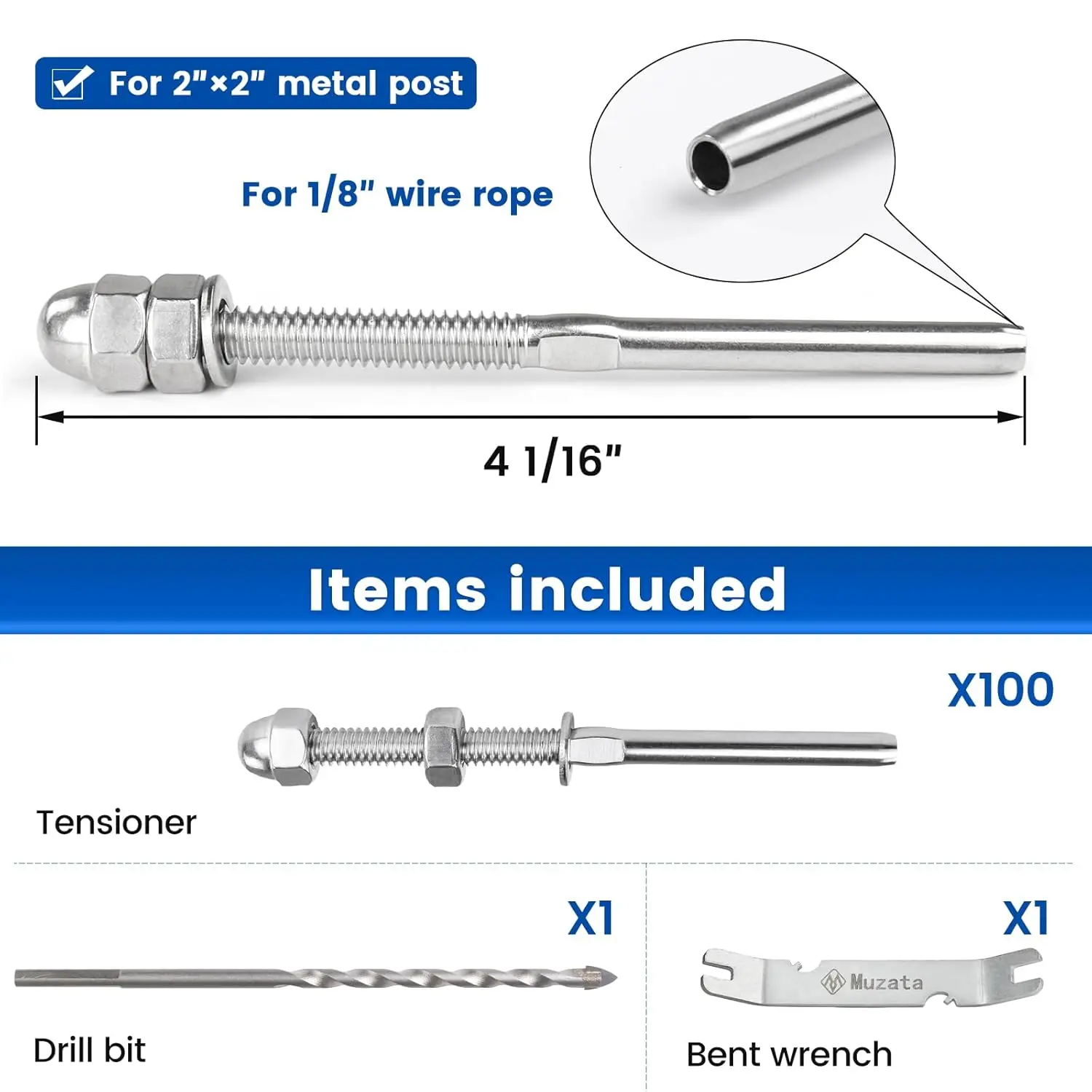 100Pack Cable Railing Kit Hand Swage Threaded Stud Tensioner for 1/8