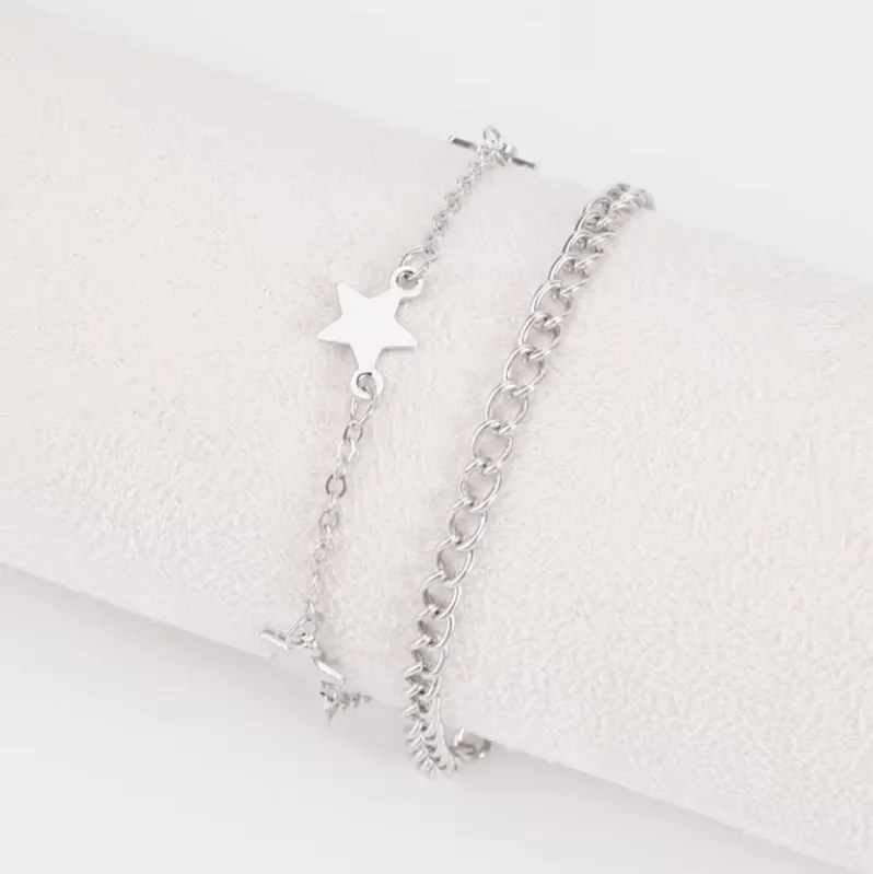 Aihua, schlichte, doppellagige Fußkettchen mit Pentagramm-Motiv für Damen, im Vintage-Stil, silberfarben, als Fußschmuck, Strandaccessoire, Sommeraccessoire. – Detail 4