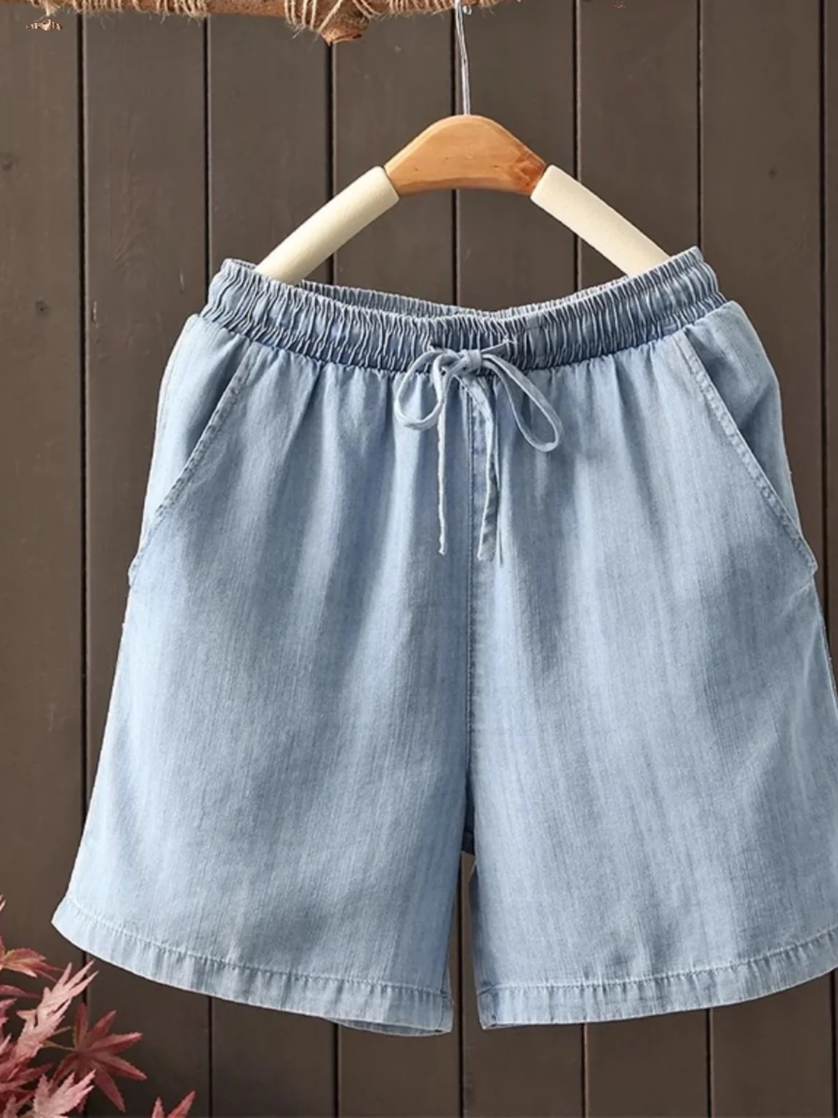 Celana Denim Tipis Musim Panas Pinggang Elastis Wanita dengan Sabuk Jeans Lima Titik Biru Kaki Lebar Kasual Longgar Pinggang Tinggi Ors
