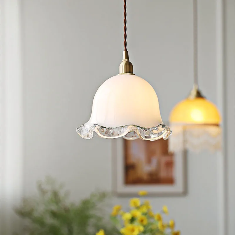 French Retro Bud Pendant Light White Glass Lampshade Restaurant Bar Pendant Lamp Balcony Bedside Decorative Lighting