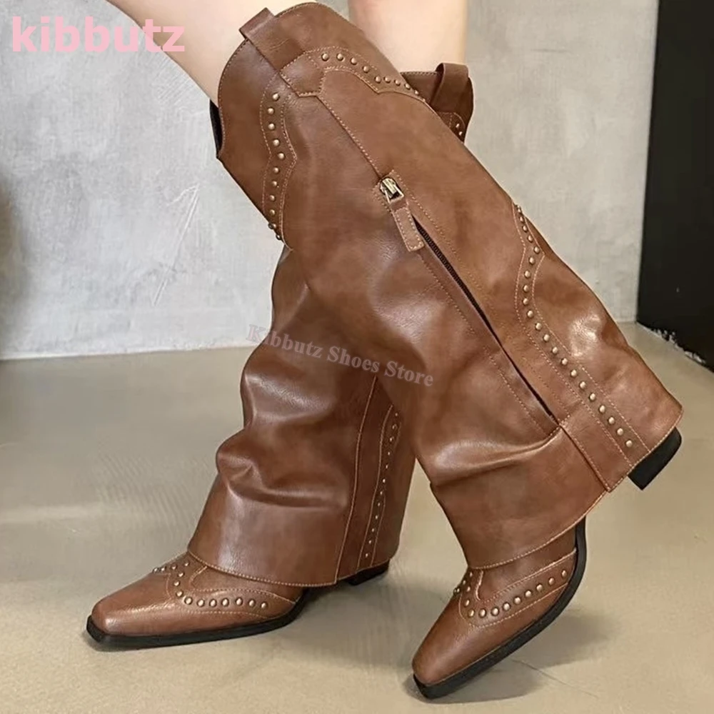 Turned-Over Edge Boots Knee High Pointed Toe Square Heel Rivet Genuine Leather Solid Color Fashion Elegant Luxury Sexy Shoes New