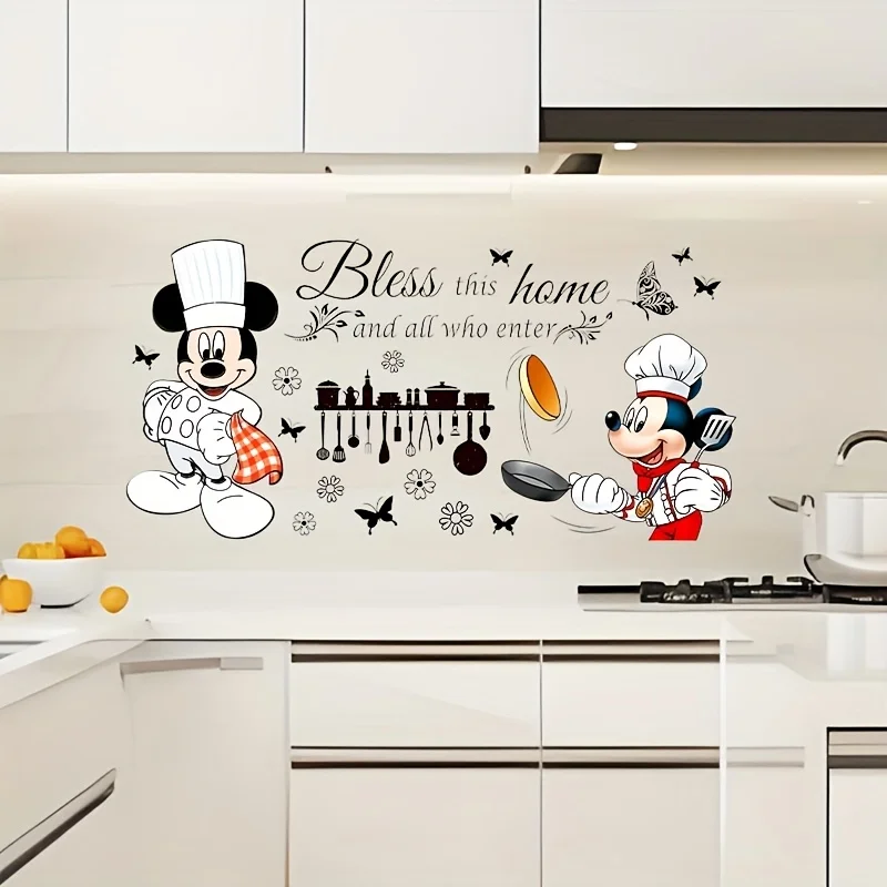 1 adesivo de parede do chef do Mickey Mouse da Disney – com as palavras "Bless This Home", adequado para azulejos, armários, RVs e decoração de casa, arte de cozinha divertida