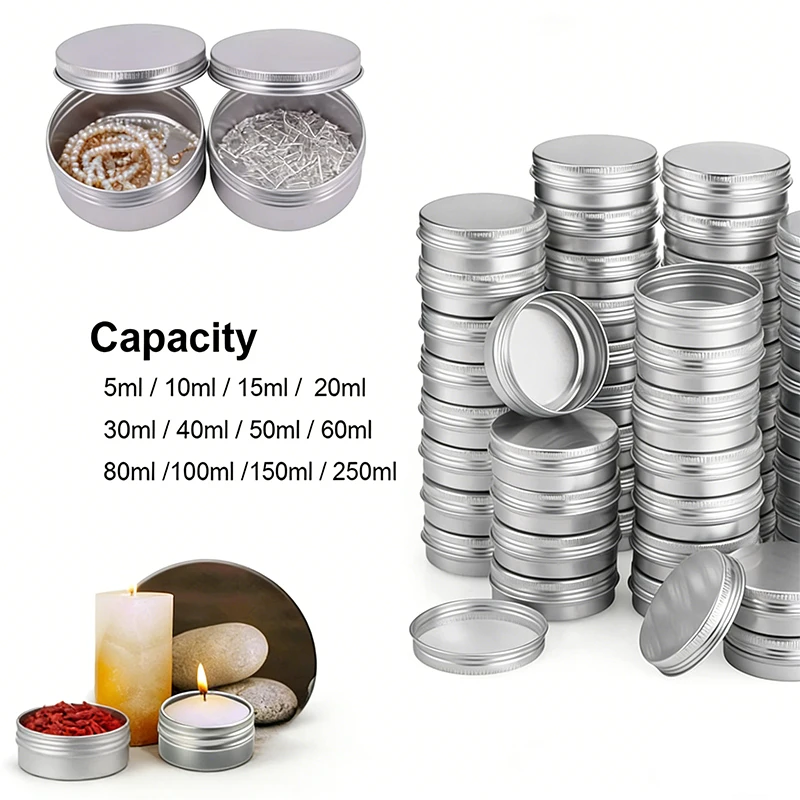 10 Stück leere silberne Aluminiumdosen, 5 ml–250 ml, Schraubverschluss, runde Behälter für die Aufbewahrung von Kerzen und Gewürzen mit Deckel