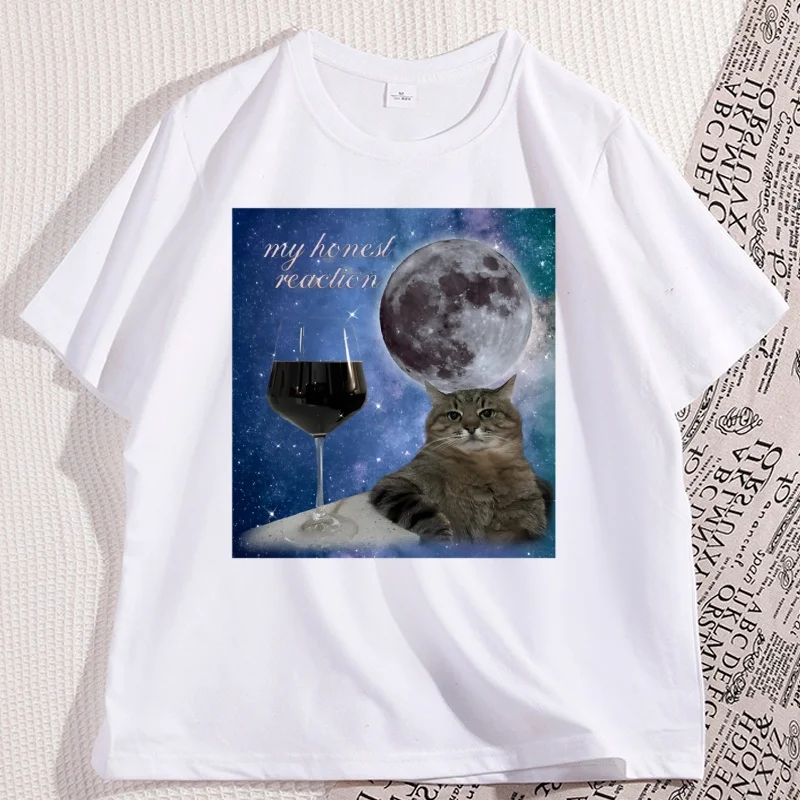 Funny Wine Cat Meme Silly T Shirts Men Printing Oversize T Shirt Causal Short Sleeve Loose Basic Tee Round Neck Tops