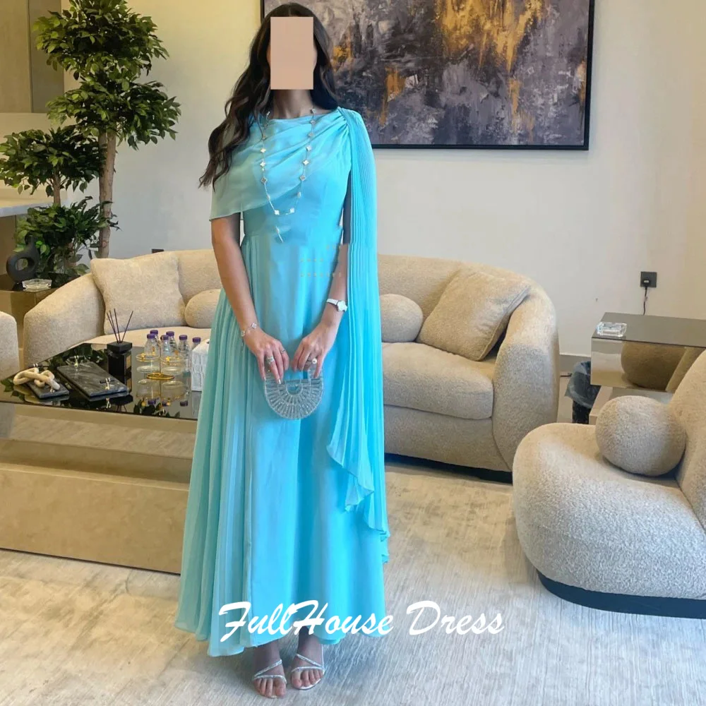 

Customized Simple O-neck Flowing A-line Evening Dress Classic Backless Long Party Dress for Bridal Draped Prom Dress with Cape