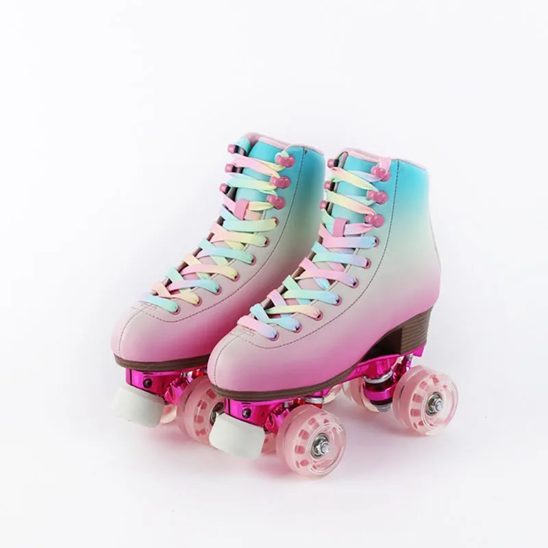 Pink Roller Skate Double Line Skates Womens Quad Skating Shoes Fashion Sport Patines Retro Sliding Boots Gears Large Size 34-48