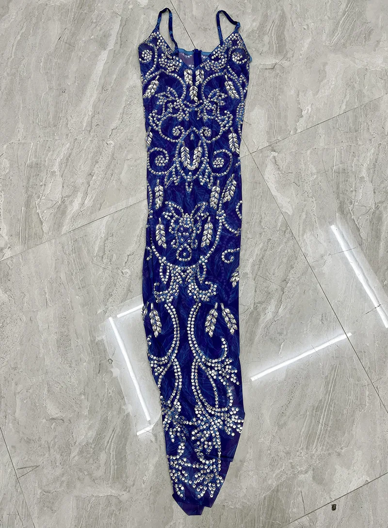 Blue Diamond Slightly Transparent Sexy Temperament Evening Dress Birthday Party Event Evening Singer Performance Evening Dresses