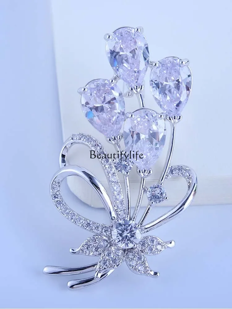 Crystal Tulip Brooch Exquisite Female Personality Floral Corsage Niche Dress Suit Silver