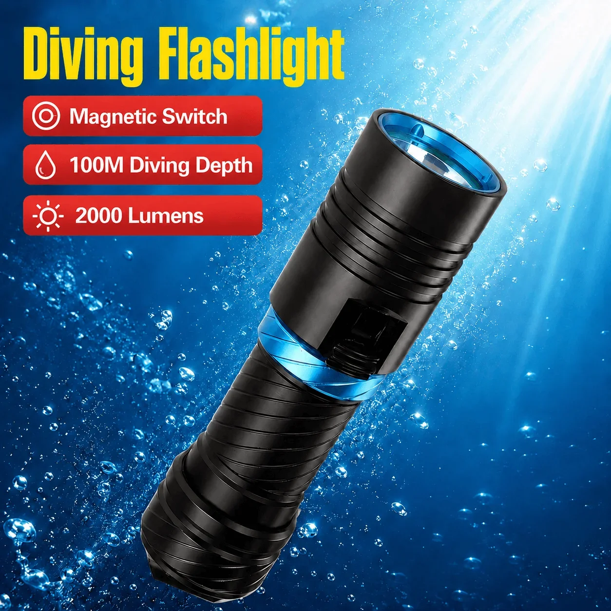 Scuba Diving Flashlights Super Bright 2000LM 26650 Battery Dive Torch High Power IP68 Waterproof LED Lights with Magnetic Switch
