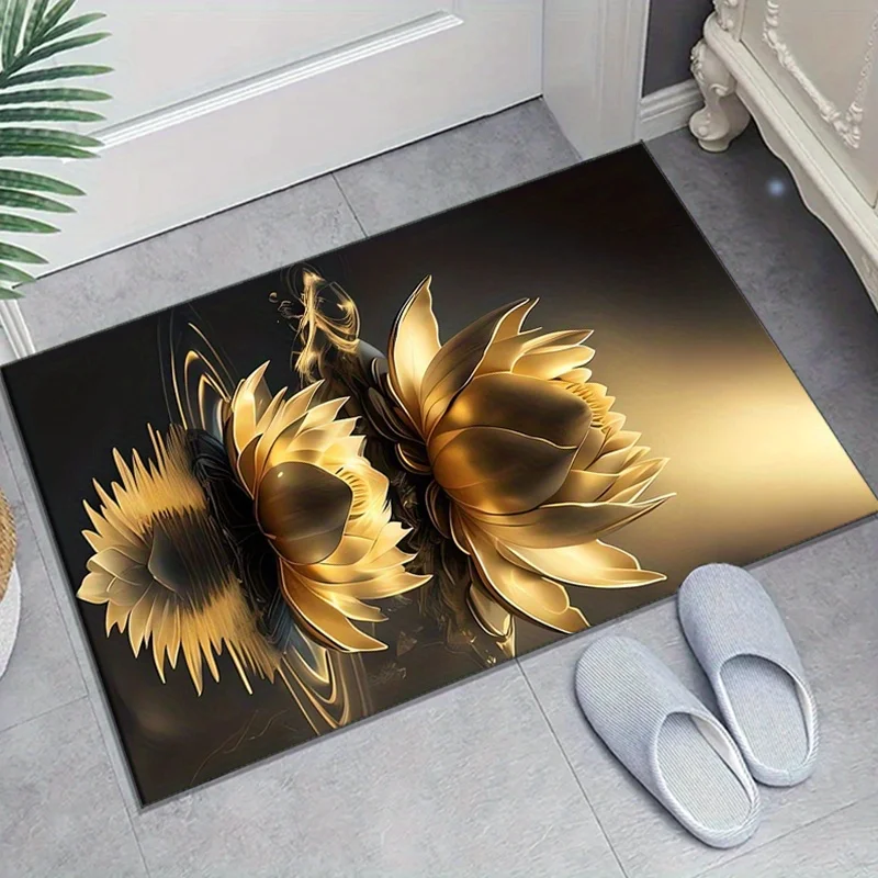 

1pc Deep golden lotus print pattern carpet, crystal velvet fabric, suitable for bedroom and living room decoration