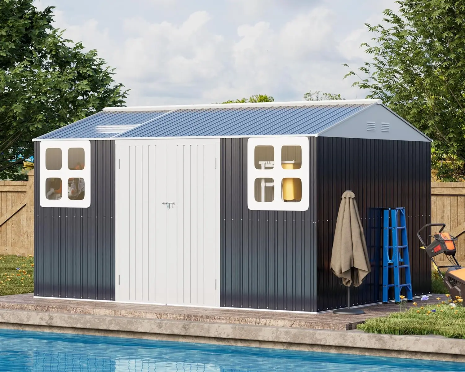 12x10 FT Military-Grade Metal Storage Shed with Skylight | 20-Gauge Powder-Coated Steel Frame, Double Swing Doors, Lockable Latc