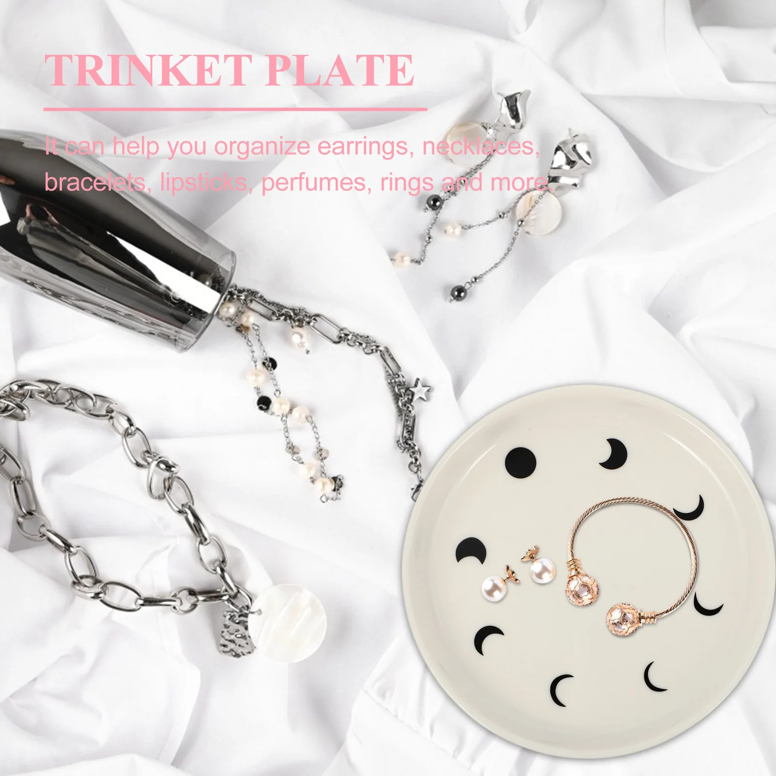 

1Pcs Creative Ceramic Jewelry Dish Moon Motif for Rings Earrings Perfumes and More Pattern Storage Tray