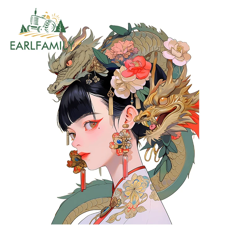 

EARLFAMILY 13cm x 9.8cm National Tide Girl Car Stickers Dragon and Flowers Cartoon Decal Fashion Scratch-Proof Waterproof Decor