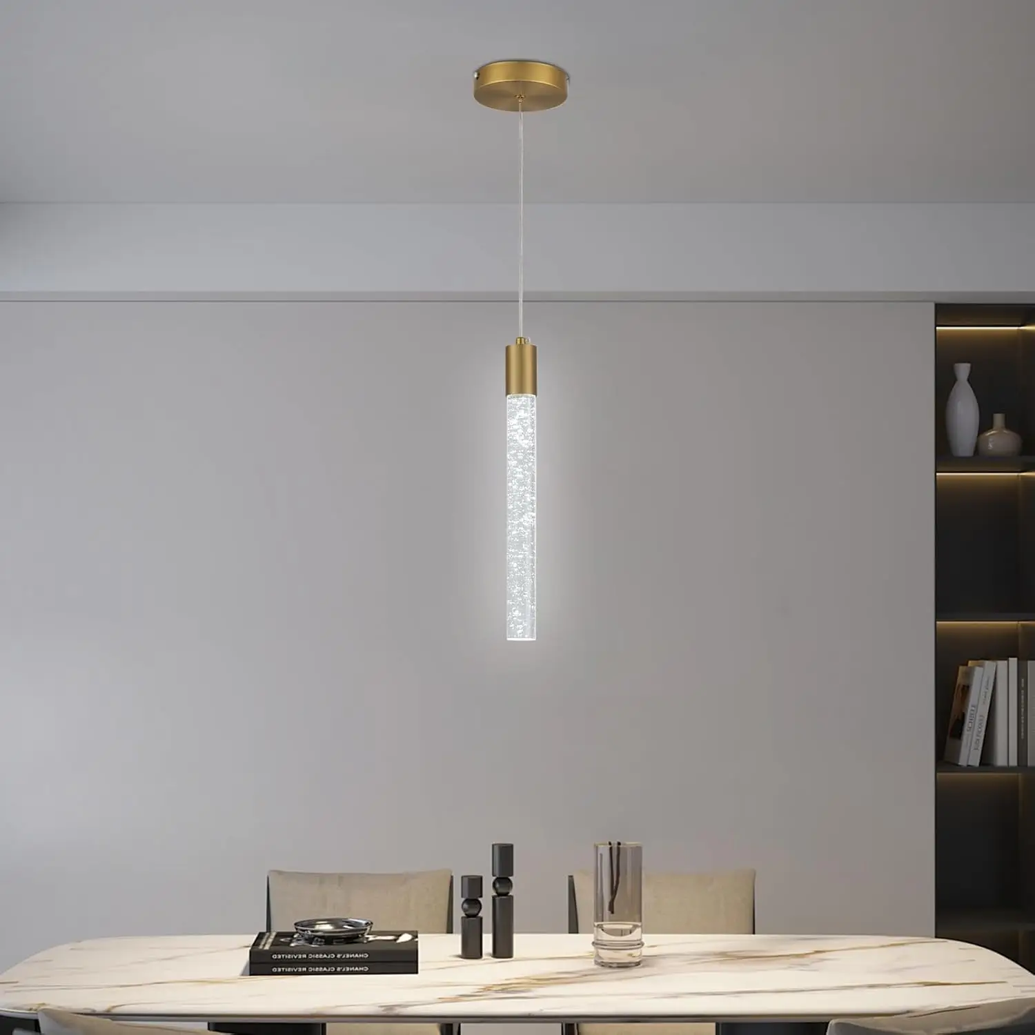 2PC Gold Bubble Crystal Pendant Light, 1-Light Modern Mini Chandelier with Integrated LED, Adjustable Hanging Crystal Rod Chandelier for Kitchen Island Dining Room Entryway