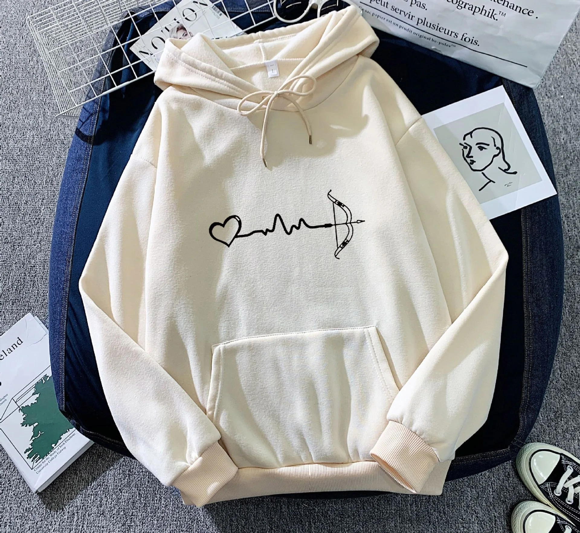 2026 Hot Sale New Woman Hooded Sweatshirt Heartbeat Print Cute Hoodies Female Home Outdoor Comfort Warm Pullover Daily Casual