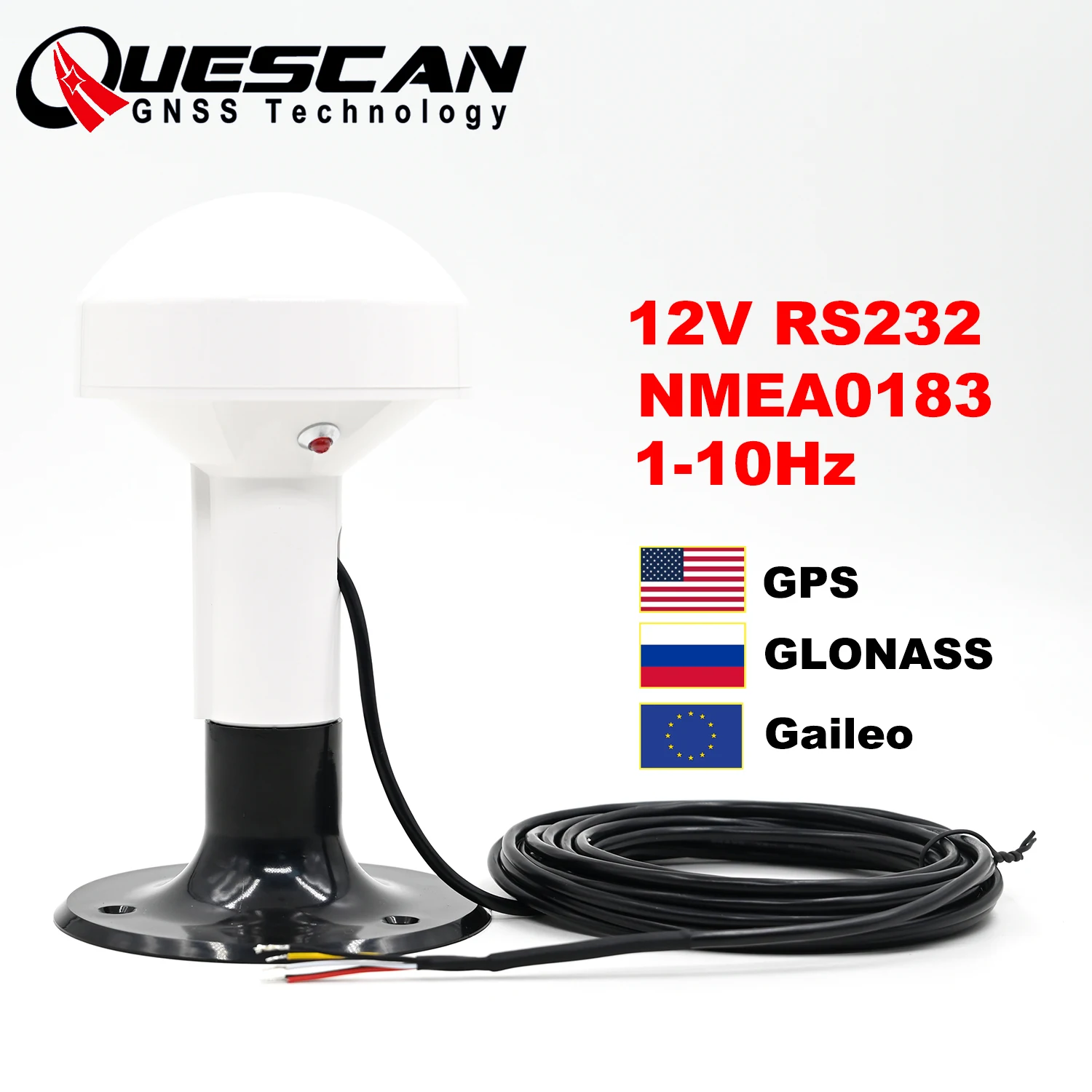 

QUESCAN R80L 12V RS232 GNSS Antenna GPS GLONASS Galileo Receiver NMEA0183 Marine Agricultural Industrial Wide Voltage 38400 Baud