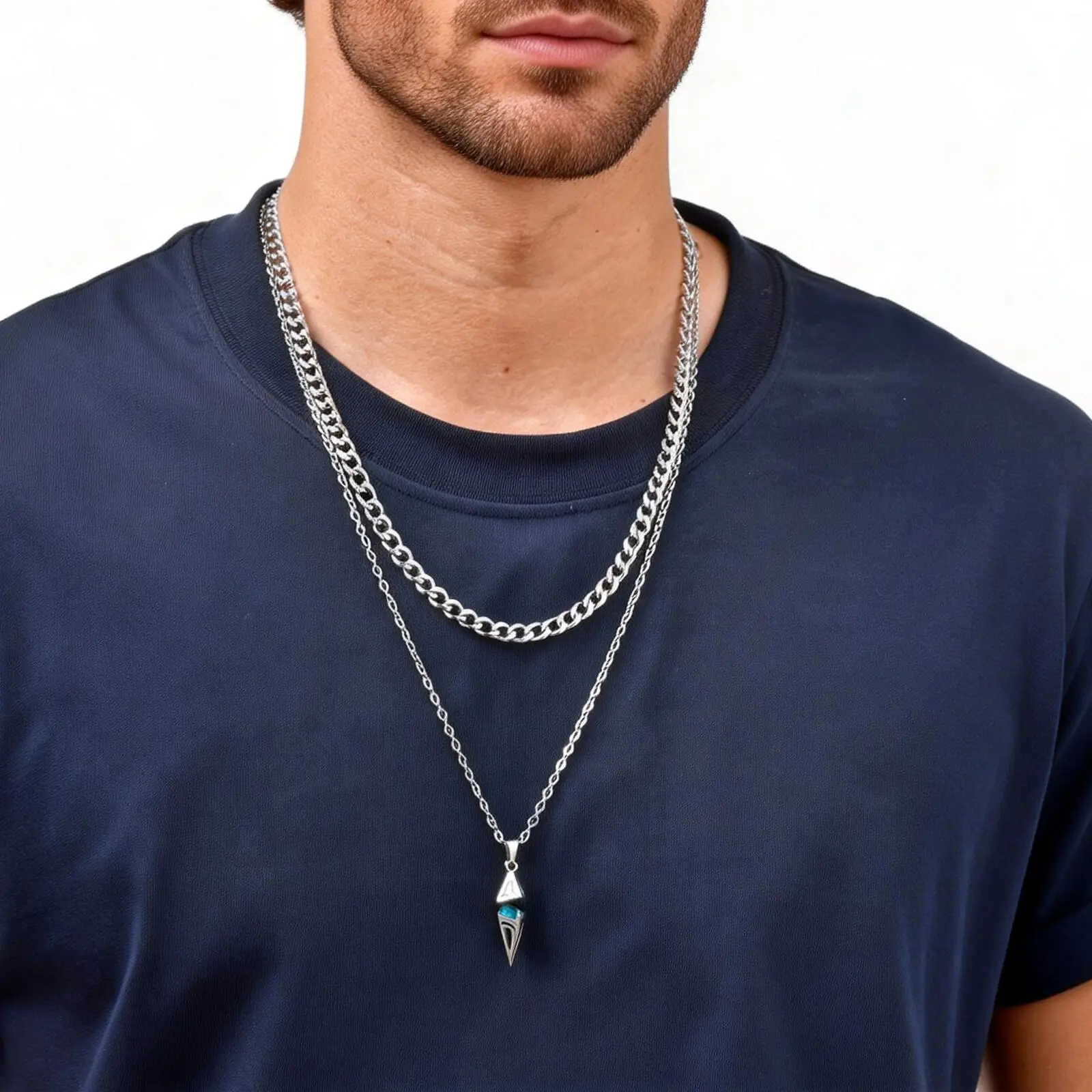 Blaue Stein-Geometrie-Layering-Halsketten für Männer, Hip-Hop-Edelstahlkette, Geschenk für Valentinstag und Geburtstagsfeier – Detail 2