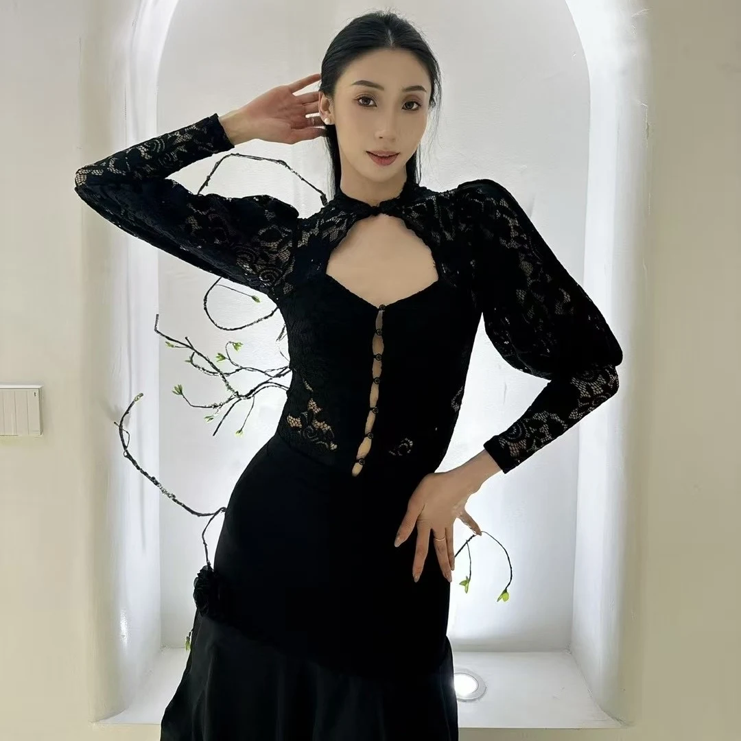2025 dentelle noire évider haut de danse latine femmes salle de bal danse pratique Performance Costume Rumba valse danse vêtements BL15833