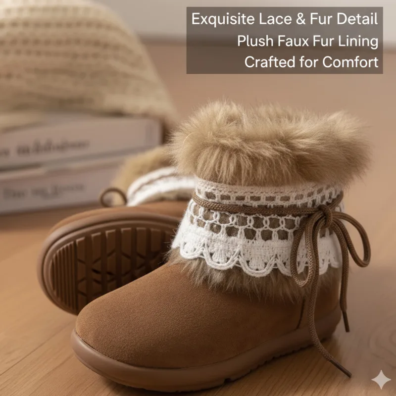 Vintage Bow Lace Fleece Snow Boots Women Winter Fashion Cozy Warm Flat Heel Round Toe Design Stylish Fall Winter Footwear New