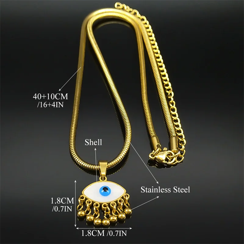 Evil Demon Eye Vintage White Shell Choker Pendant Necklace Women Men Stainless Steel Gold Color Bead Tassel Snake Chain Jewelry image 6