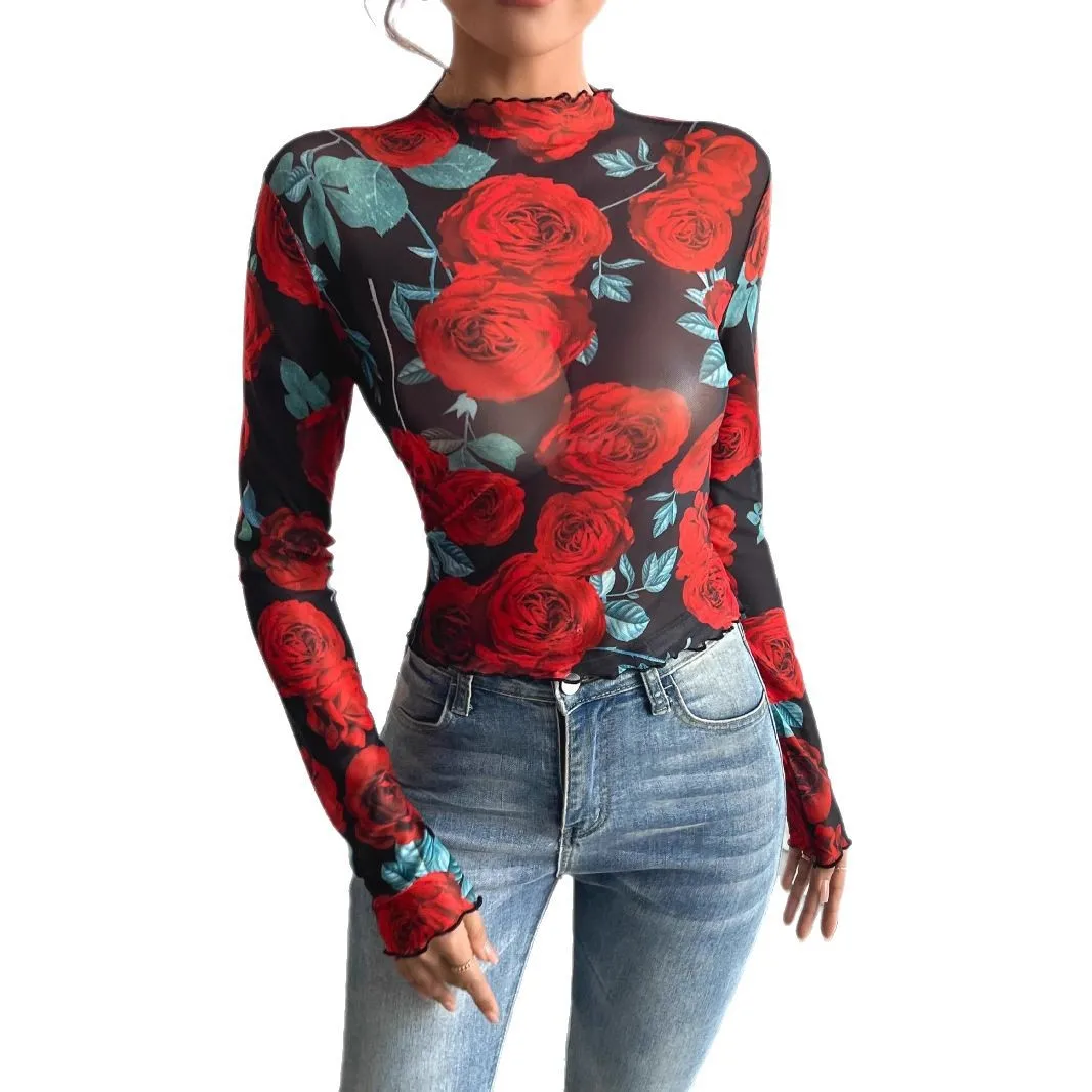 Cross-border 2025 New Women's Transparent Rose Flower Printing Long-sleeved Small Stand-up Neck Mesh Vest Cw46503