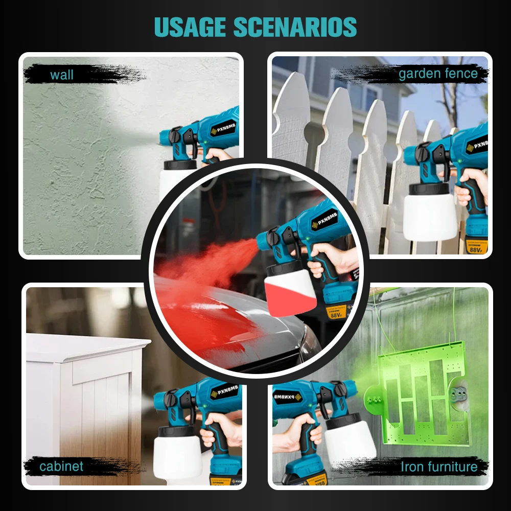 Pistol Semprot Listrik Tanpa Kabel 1000ML untuk Cat Mobil, Furnitur, Pelapis Baja, Airbrush, Kompatibel dengan Baterai 18V 210W 3800