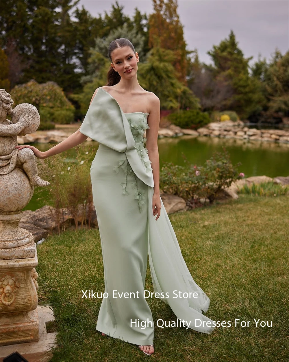 Xikuo Изящные атласные женские вечерние платья без бретелек с 3D цветами Vestidos De Fiesta Русалка плиссированные платья для выпускного вечера по индивидуальному заказу