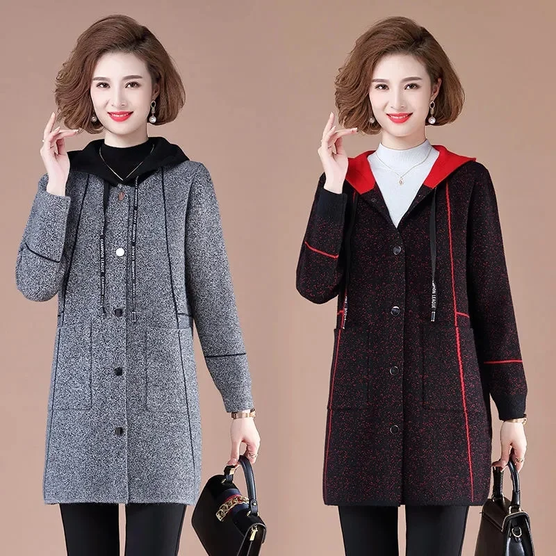 

Middle-Aged Mother's New Knitted Hooded Coat Spring Autumn Long Woolen Jacket Women Cardigan Western-Style Outwear Female Tops