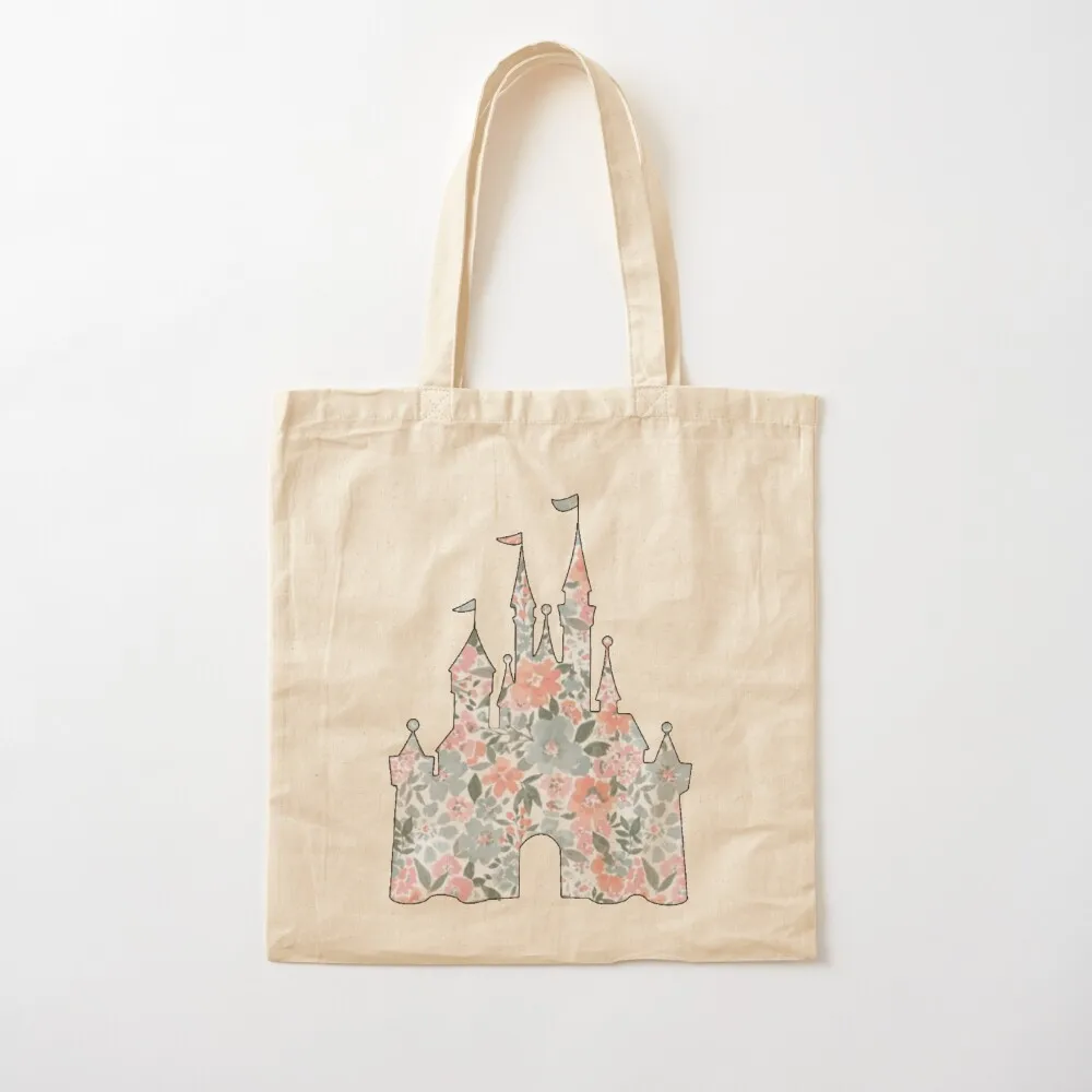 Pink Blue Floral Castle Tote Bag custom tote bag Reusable bags Canvas Tote Bag