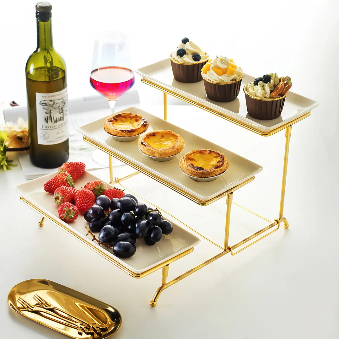 

10 Sets Ceramic Plate Cupcake Stand Buffet Display Rack Fruit Pizza TraysThree Layer Folding Rotary Dessert Table Decoration