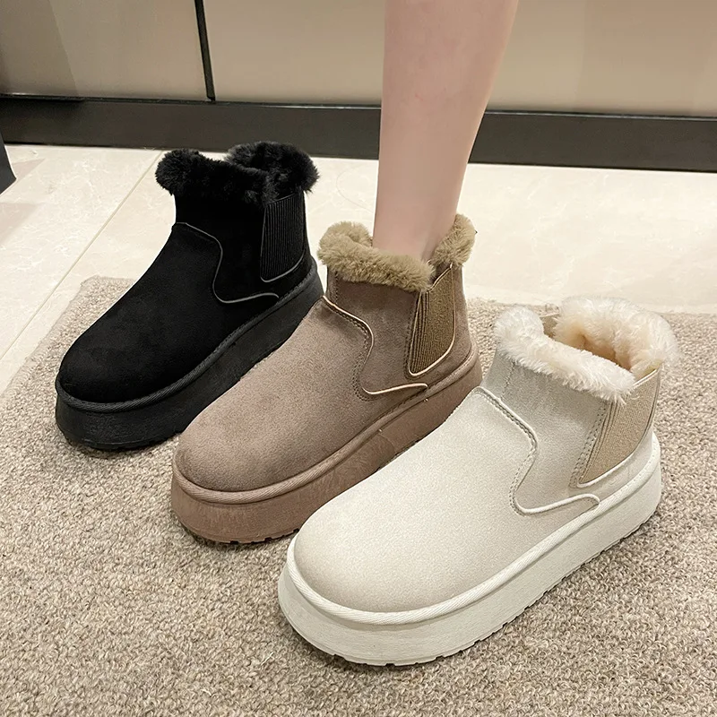 

Women's Thick Bottom Snow Boots Cotton Lined round Toe Slip-On Winter Shoes Comfortable Warm Rubber Sole Mid-Cut Boots
