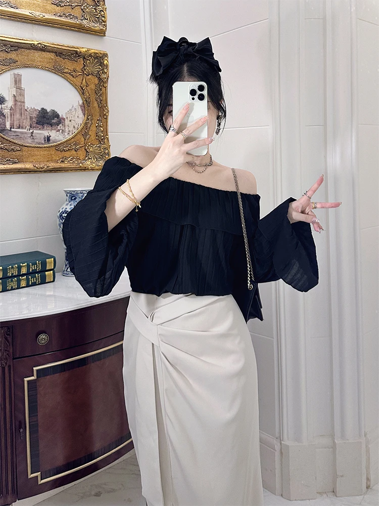 

Laid-ba Sle Bla Off-oulder irt Women's Loose Flared Sve Slimming Top Polyester Fiber Long Sve One-oulder De...