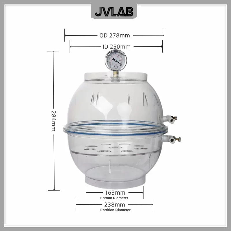 Vacuum Desiccator Laboratory Polycarbonate (PC) Transparent Vacuum Dryer 250 mm Double Valve with Pressure Gauge