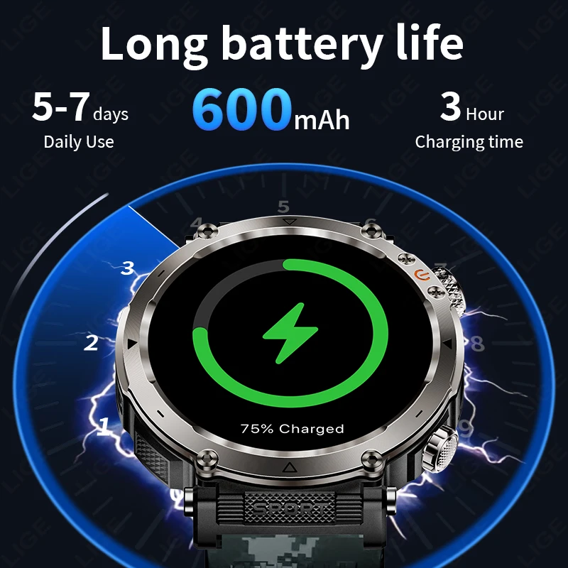 LIGE Smart Uhr Männer 600 mAh Batterie LED Taschenlampe Bluetooth Anruf Kompass Uhr Herzfrequenz Gesundheit Wasserdichte Sport Smartwatches