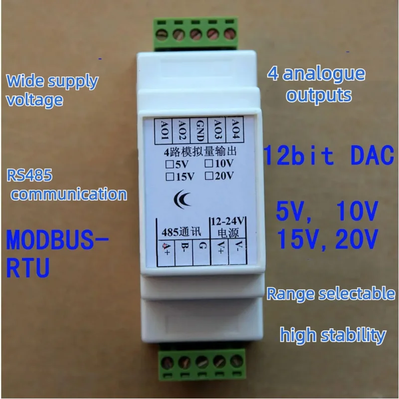 RS485 Collector Card to Analog Voltage Output 4 Channels 5/10/15/20V, MODBUS-RTU, 12-24