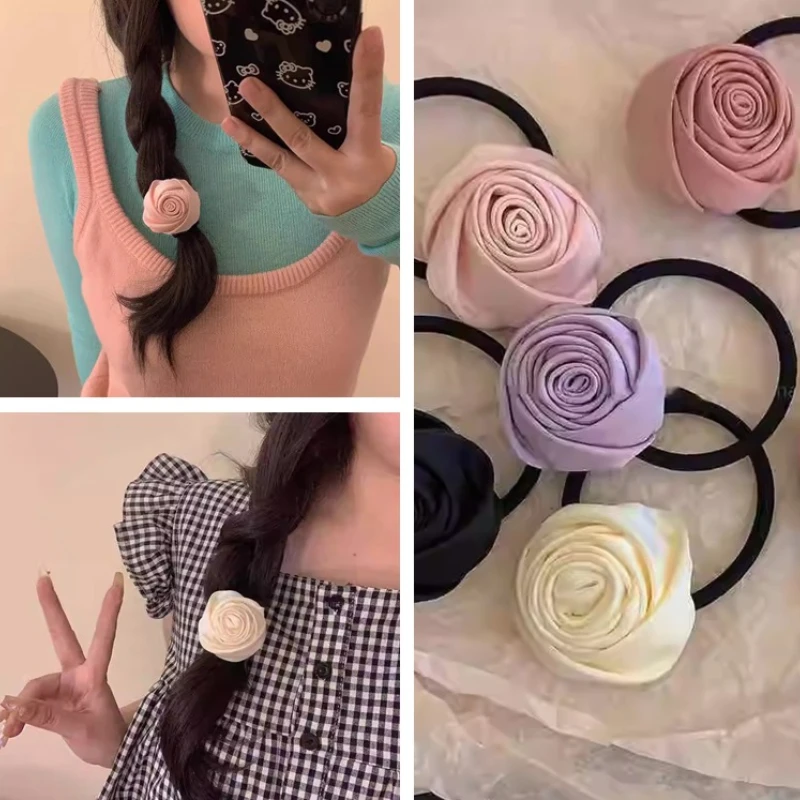 

French Style Satin Rose Hairbands Women Girls Simple Super Fairy Sweet Rubber Bands Personality Retro Elegant Elastic Hair Bands