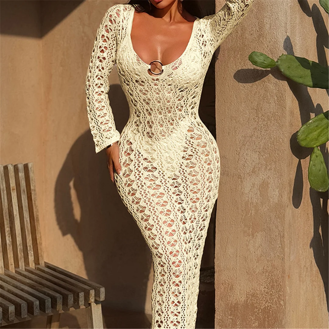 2026 Langarm-Strick-Tunika mit Ausschnitten am Rücken, rückenfreies Strandkleid, Strandmode, Strandbekleidung, Strand-Cover-up, Damen V6551 – Detail 13