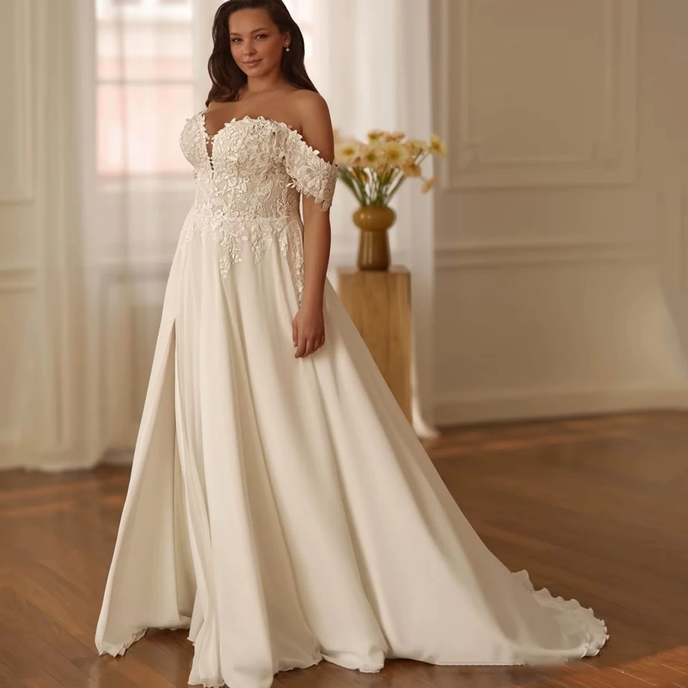Aangepaste romantische chiffon bruidjurk off-shoulder applicaties bruidsjurken lieverd backless plus size vestido bruidsjurk