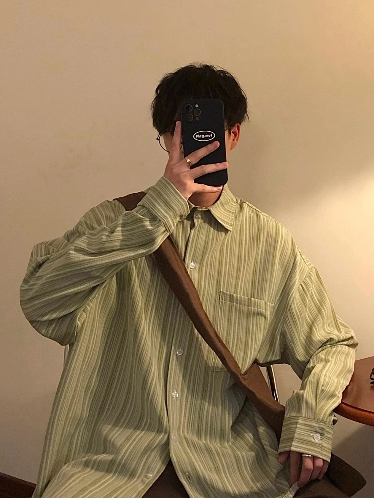 Spring Autumn Cityboy Long Sleeve Striped Avocado Green Loose Fit Men Women Japanese Retro Style Shirt Jacket  Collar Pocket
