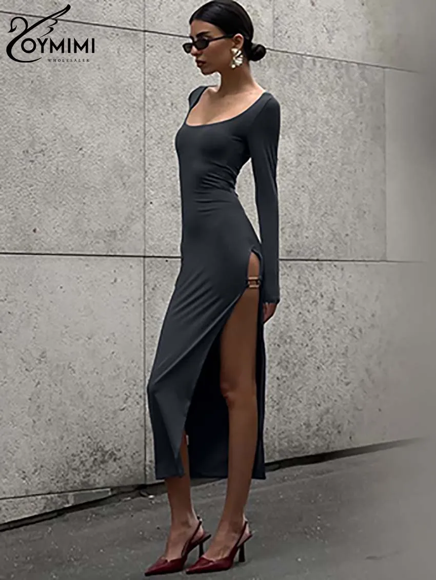 

Oymimi Elegant Grey Slim Womens Dresses Fashion O-Neck Long Sleeve Side Slit Dresses Casual Straight Mid-Calf Dress Streetwear