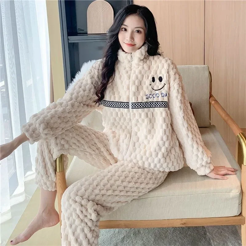 Autumn Winter Plush Thick Loungewear Coral Velvet Pajamas Women Sets High Neck Zippers Oversized Sleepwear Suit Loose Homewear