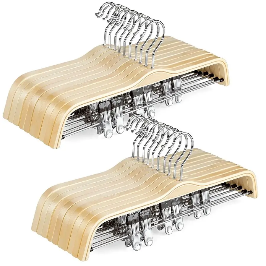 

Деревянные вешалки для брюк, тонкие вешалки для юбок из натурального дерева с антикоррозийным крючком и регулируемыми металлическими зажимами, идеально подходят для юбок, брюк, S