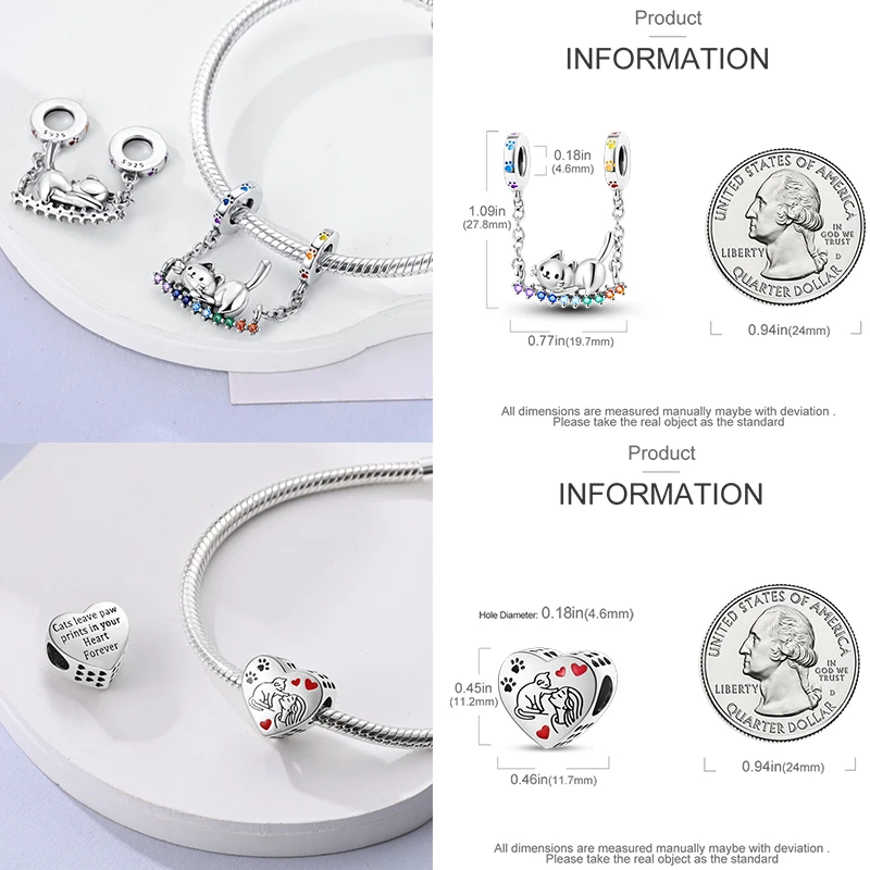 925 Sterling Silber Hund Katze Pfotenabdruck Charm Perlen Glücksbringer Katze Haustierliebhaber Herz DIY Armband Halskette Geschenk für Frauen Mädchen – Detail 4
