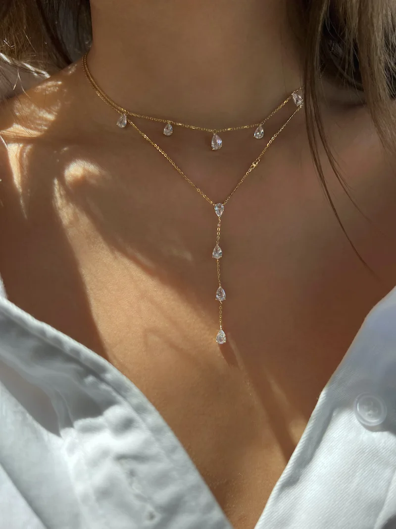 2024 Shiny Zirkon Droplet Overlay Set mit Doppelschicht Gold Farbe Kette Halskette Party frauen Exquisite Schmuck Halskette Acc – Detail 16