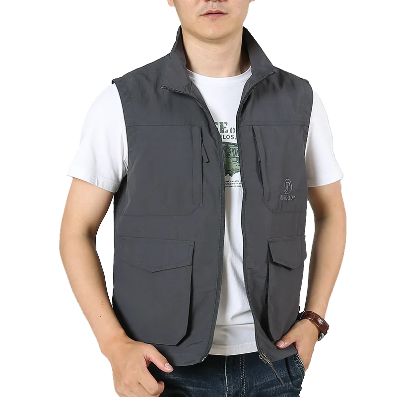 

2024 Summer Men's Vest Light Breathable Multi-pocket Zipper Solid Color Top Outdoor Hiking Fishing Men's Sleeveless Jacket